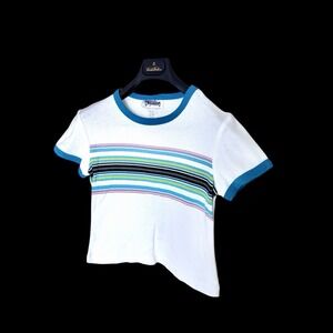 Vintage 90's Y2K Decade Ringer Tshirt Women Sz Medium Cyber Stripe Fairy Core